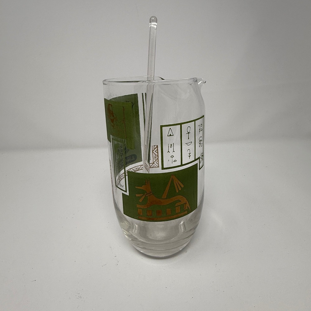 MCM Vintage Egyptian Revival Pitcher Glass with glass Stirrer Barware